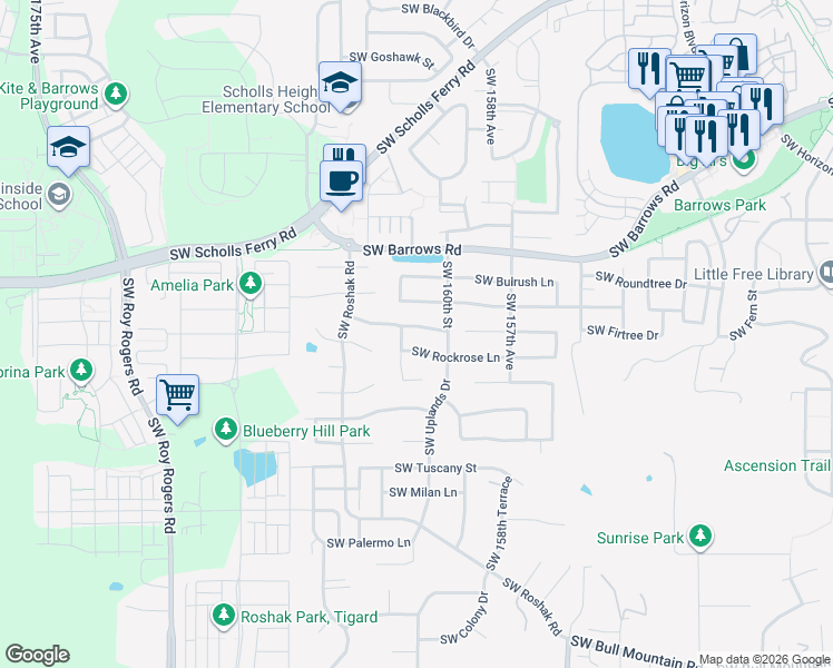 map of restaurants, bars, coffee shops, grocery stores, and more near 16082 Southwest Dewberry Lane in Portland