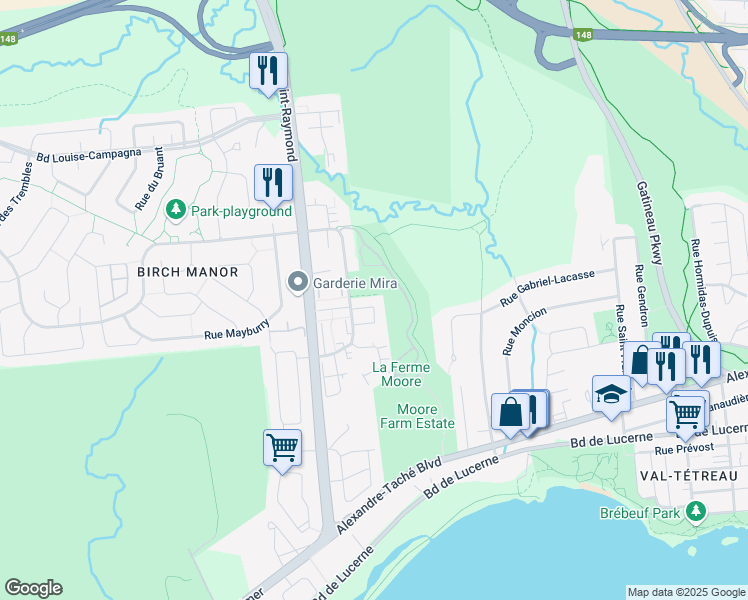 map of restaurants, bars, coffee shops, grocery stores, and more near 125 Avenue des Jonquilles in Gatineau