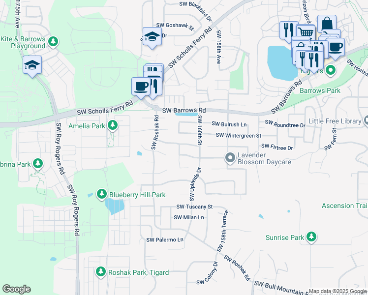 map of restaurants, bars, coffee shops, grocery stores, and more near 16082 Southwest Dewberry Lane in Portland