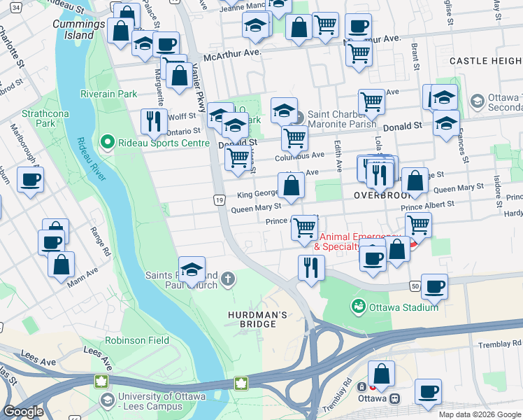 map of restaurants, bars, coffee shops, grocery stores, and more near 106 Queen Mary Street in Ottawa