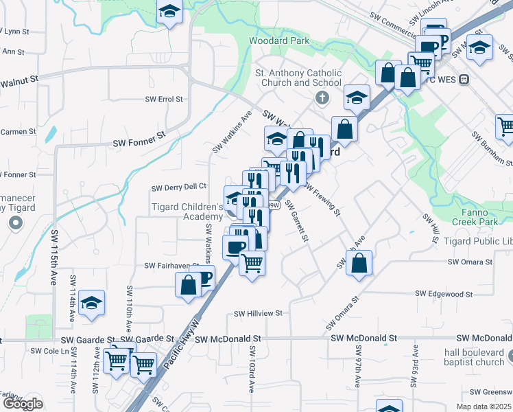 map of restaurants, bars, coffee shops, grocery stores, and more near 13185 Southwest Pacific Highway in Tigard