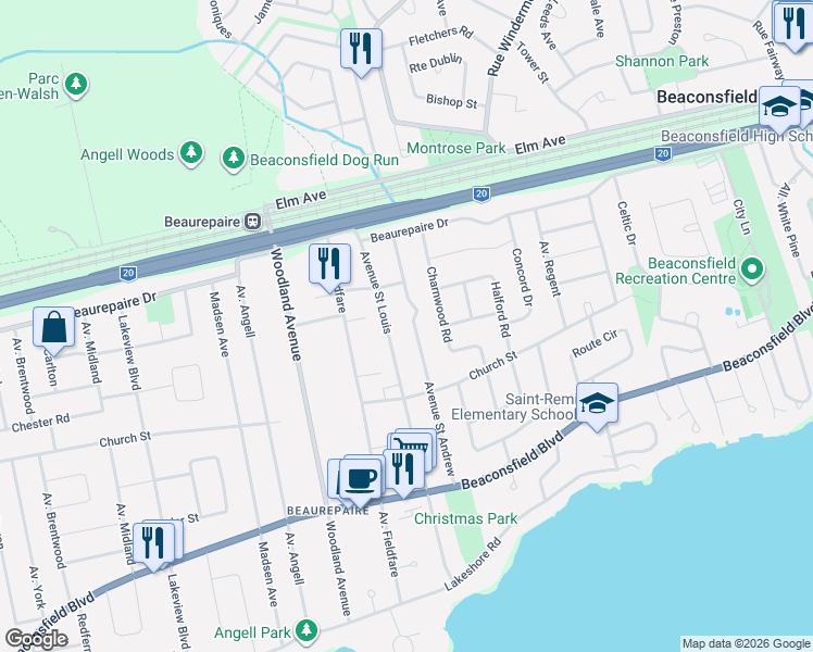 map of restaurants, bars, coffee shops, grocery stores, and more near 106 Avenue Saint Andrew in Beaconsfield