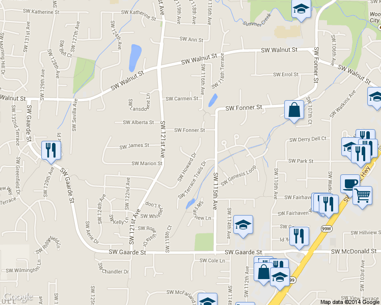 map of restaurants, bars, coffee shops, grocery stores, and more near 11825 Southwest James Court in Tigard