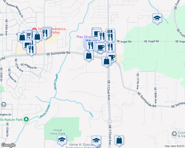 map of restaurants, bars, coffee shops, grocery stores, and more near 16900 Southeast Stonybrook Court in Happy Valley
