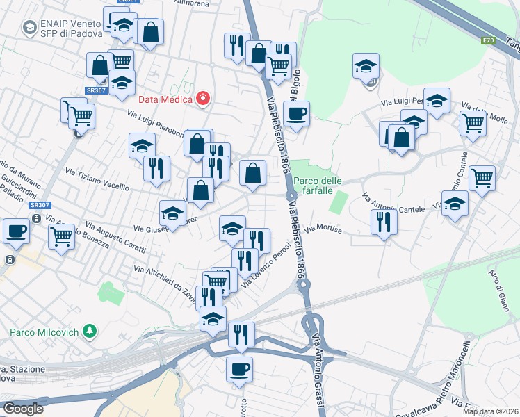 map of restaurants, bars, coffee shops, grocery stores, and more near 10 Via Giovanni Battista Viotti in Padova