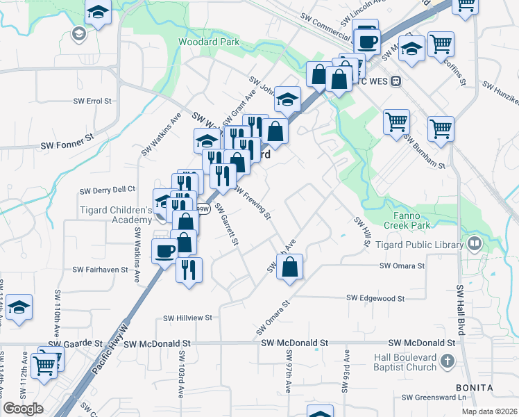 map of restaurants, bars, coffee shops, grocery stores, and more near 9820 Southwest Frewing Street in Portland
