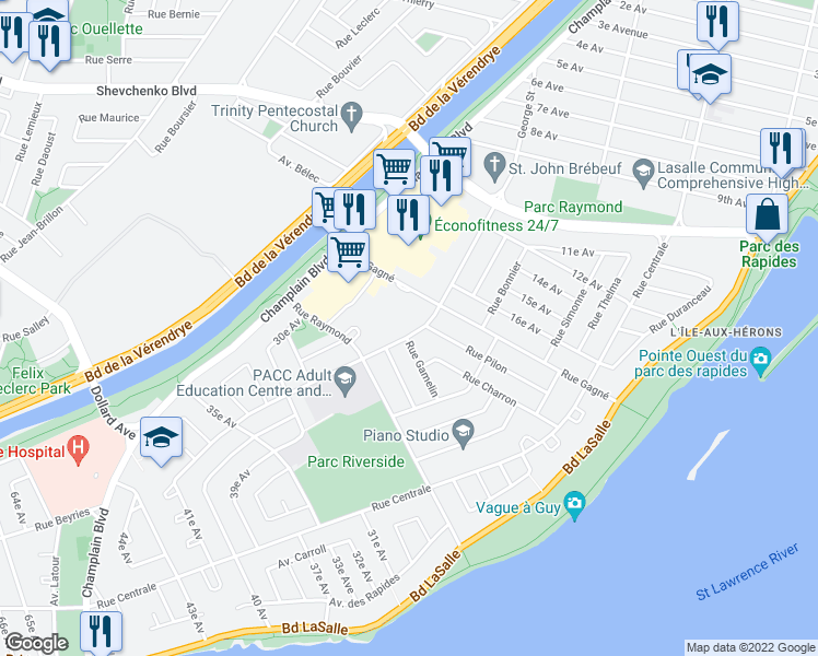 map of restaurants, bars, coffee shops, grocery stores, and more near 8155 George Street in Montrã©Al