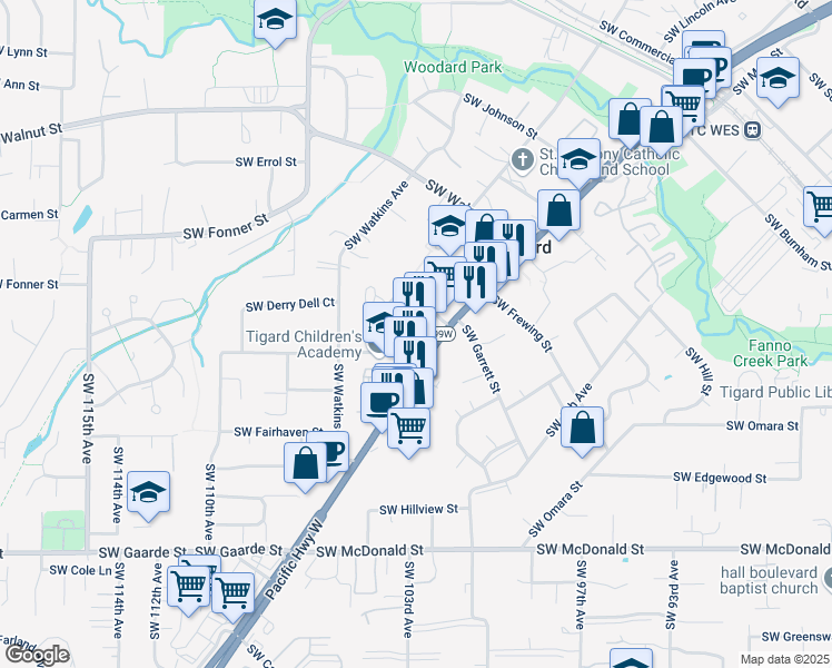 map of restaurants, bars, coffee shops, grocery stores, and more near 13185 Southwest Pacific Highway in Tigard