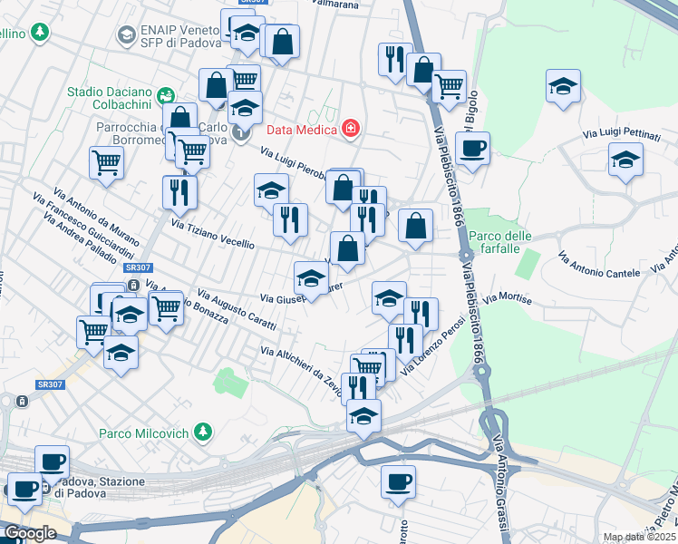 map of restaurants, bars, coffee shops, grocery stores, and more near 47 Via Giuseppe Durer in Padova