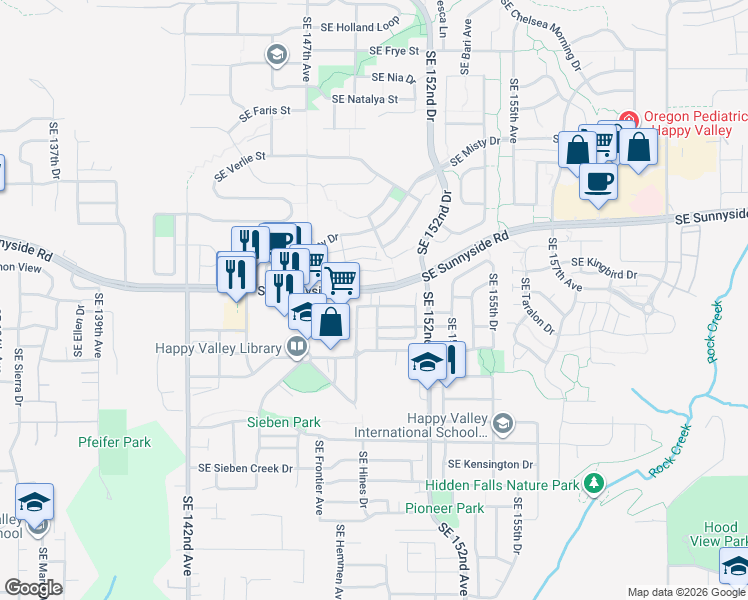 map of restaurants, bars, coffee shops, grocery stores, and more near 14985 Southeast Elm Park Drive in Clackamas