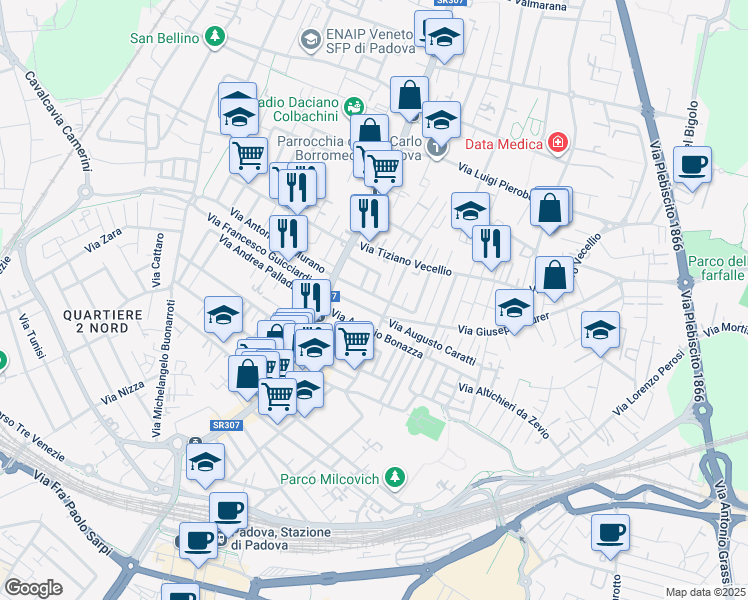 map of restaurants, bars, coffee shops, grocery stores, and more near 16 Via Annibale Padovano in Padova