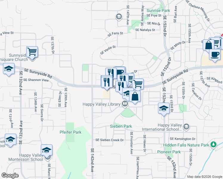 map of restaurants, bars, coffee shops, grocery stores, and more near 13674 Southeast 145th Avenue in Clackamas