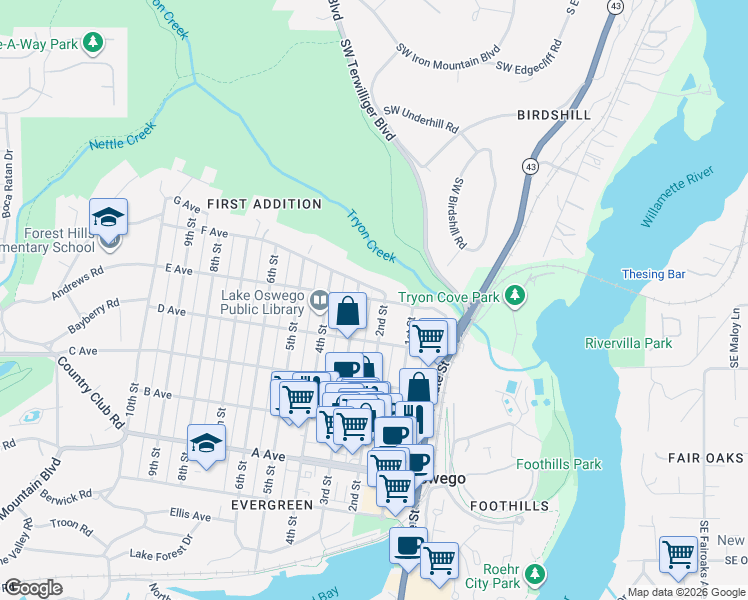 map of restaurants, bars, coffee shops, grocery stores, and more near 280 E Avenue in Lake Oswego