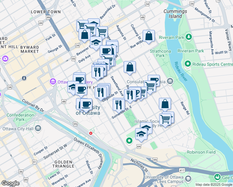 map of restaurants, bars, coffee shops, grocery stores, and more near 371 Nelson Street in Ottawa