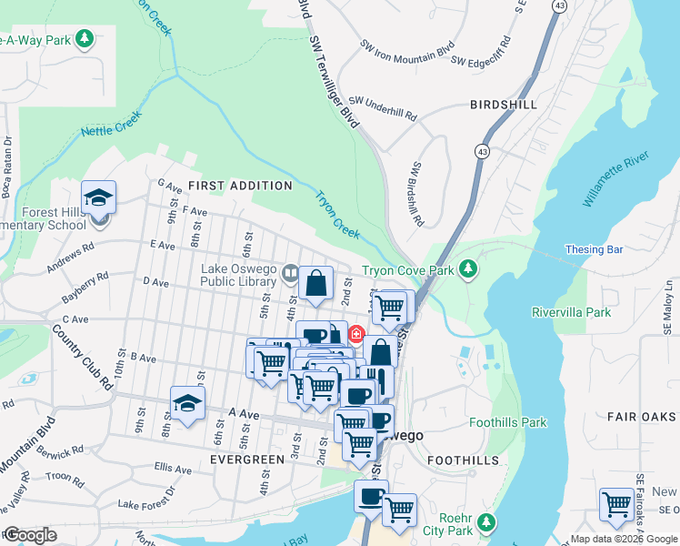 map of restaurants, bars, coffee shops, grocery stores, and more near 280 E Avenue in Lake Oswego
