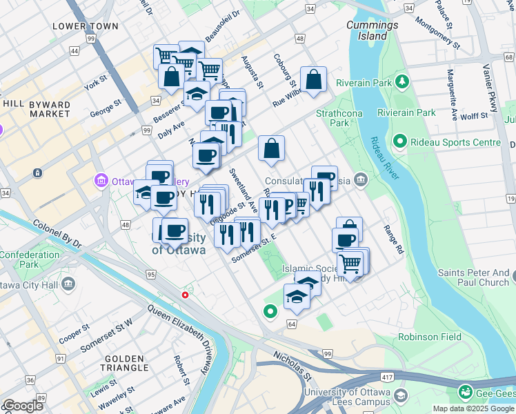 map of restaurants, bars, coffee shops, grocery stores, and more near 67 Sweetland Avenue in Ottawa