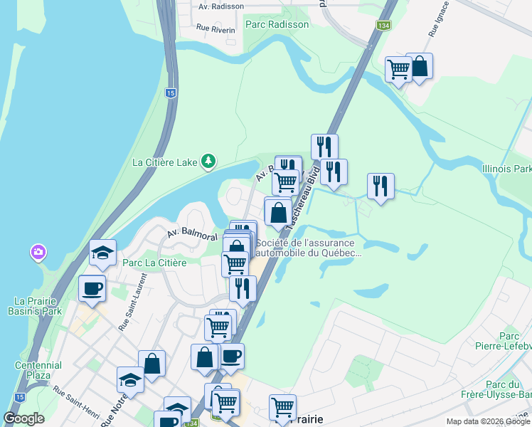 map of restaurants, bars, coffee shops, grocery stores, and more near 100 Avenue Balmoral in La Prairie