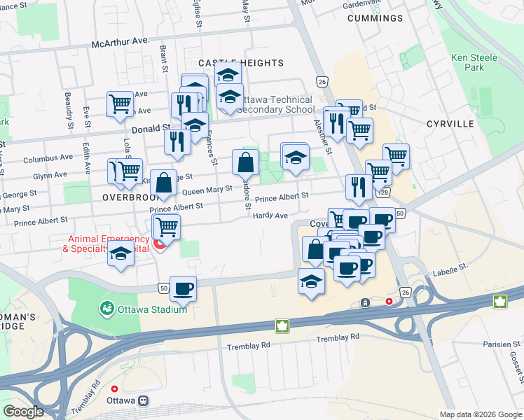 map of restaurants, bars, coffee shops, grocery stores, and more near 465 Hardy Avenue in Ottawa