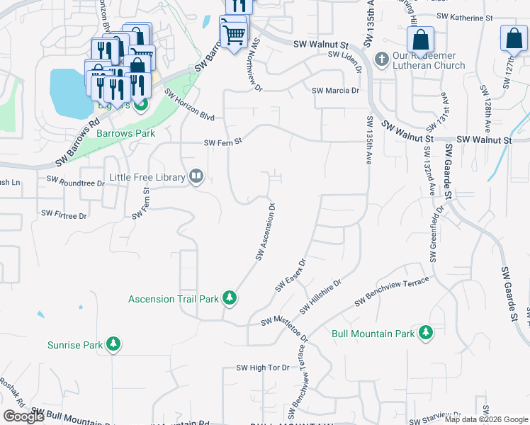 map of restaurants, bars, coffee shops, grocery stores, and more near 13179 Southwest Ascension Drive in Tigard