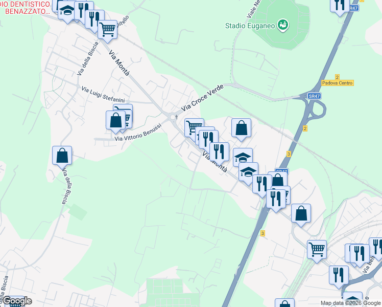map of restaurants, bars, coffee shops, grocery stores, and more near 16 Via Alberto Einstein in Padova