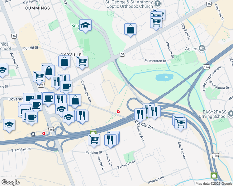 map of restaurants, bars, coffee shops, grocery stores, and more near 805 Beauparc Private in Ottawa