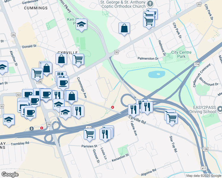 map of restaurants, bars, coffee shops, grocery stores, and more near 805 Beauparc Private in Ottawa