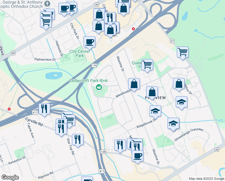 map of restaurants, bars, coffee shops, grocery stores, and more near 1369 Lily Lane in Ottawa