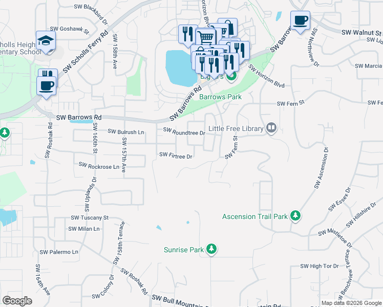 map of restaurants, bars, coffee shops, grocery stores, and more near 15273 Southwest Firtree Drive in Tigard