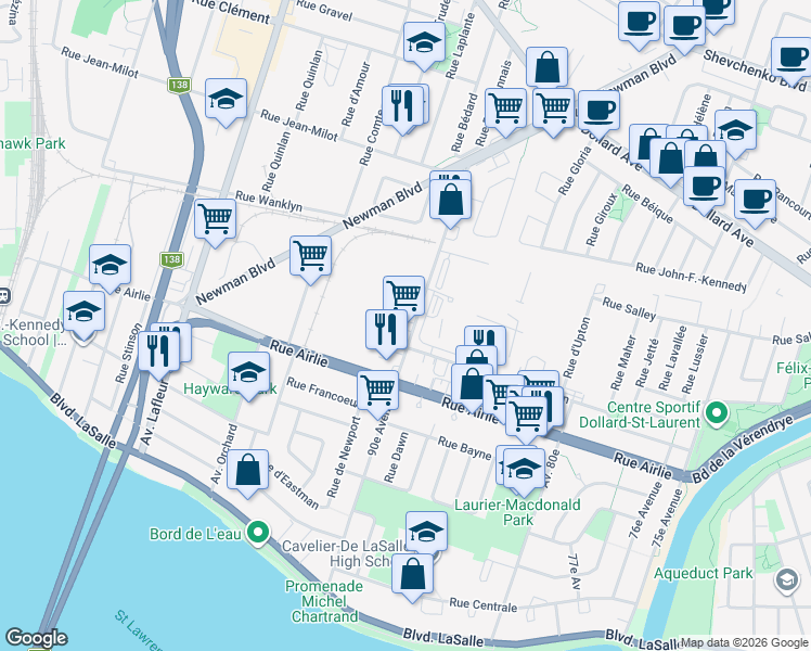 map of restaurants, bars, coffee shops, grocery stores, and more near 760 90e Avenue in Montréal