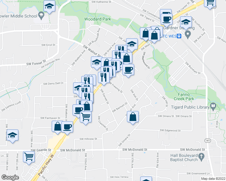 map of restaurants, bars, coffee shops, grocery stores, and more near 9800 Southwest Frewing Street in Tigard
