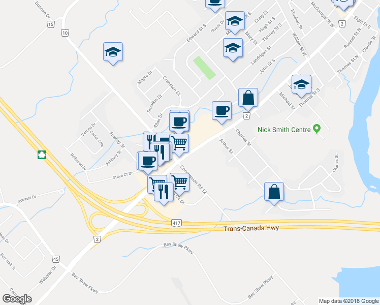 map of restaurants, bars, coffee shops, grocery stores, and more near Daniel Street South in Arnprior