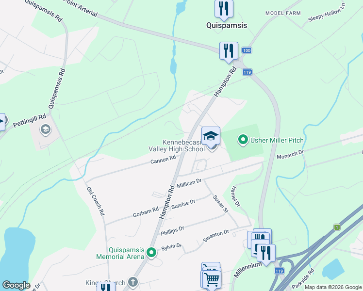 map of restaurants, bars, coffee shops, grocery stores, and more near 415 Hampton Road in Quispamsis