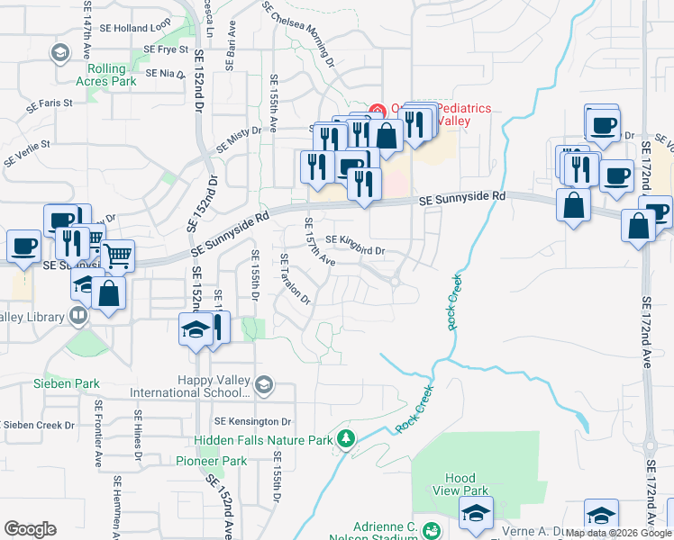 map of restaurants, bars, coffee shops, grocery stores, and more near 13599 Southeast Kingsfisher Way in Happy Valley