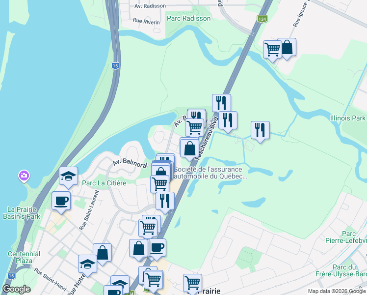 map of restaurants, bars, coffee shops, grocery stores, and more near in La Prairie