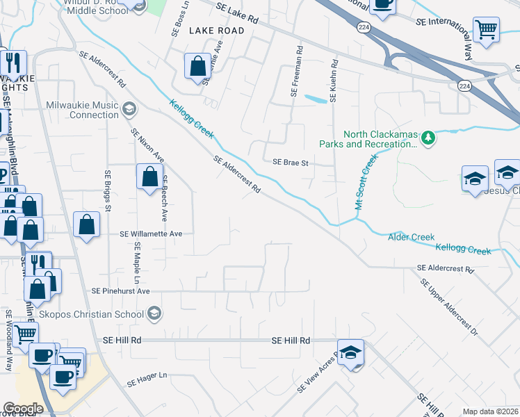 map of restaurants, bars, coffee shops, grocery stores, and more near 4460 Southeast Aldercrest Road in Milwaukie