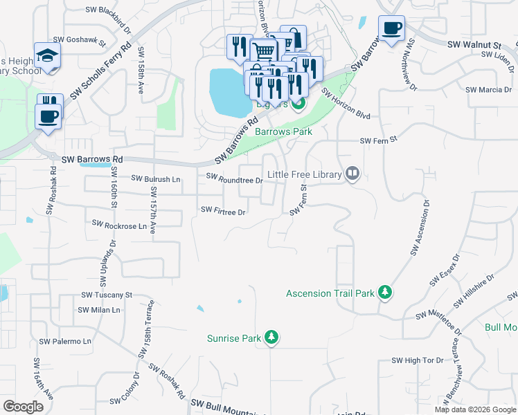 map of restaurants, bars, coffee shops, grocery stores, and more near 13155 Southwest Brianne Way in Portland