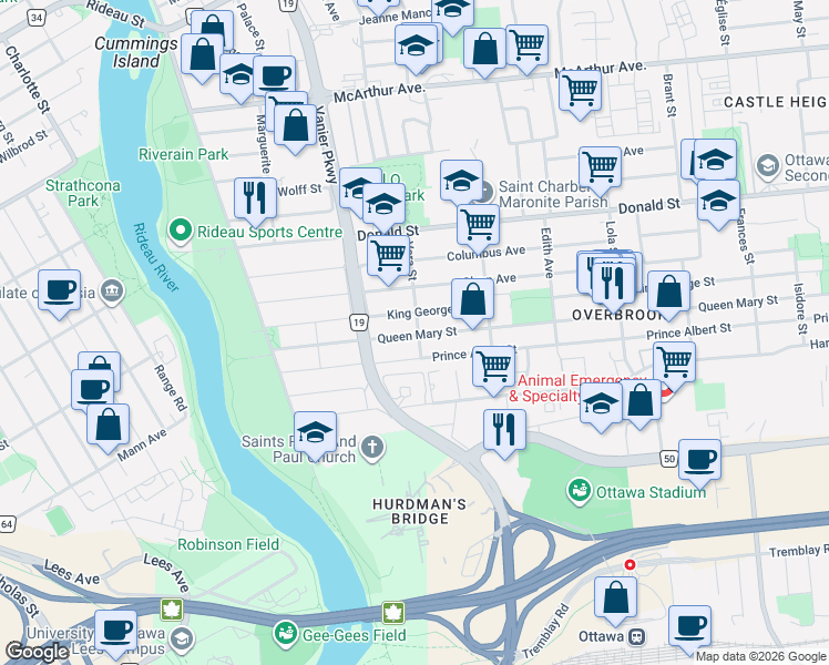 map of restaurants, bars, coffee shops, grocery stores, and more near 106 Queen Mary Street in Ottawa