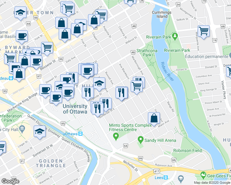 map of restaurants, bars, coffee shops, grocery stores, and more near in Ottawa