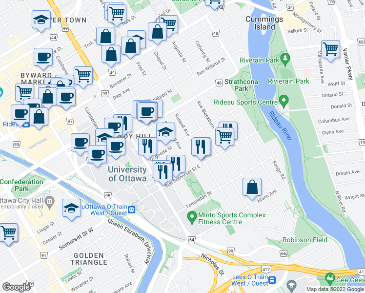 map of restaurants, bars, coffee shops, grocery stores, and more near in Ottawa