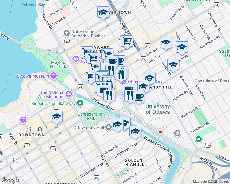 map of restaurants, bars, coffee shops, grocery stores, and more near 8073 Mackenzie King Bridge in Ottawa