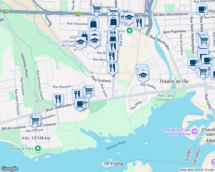 map of restaurants, bars, coffee shops, grocery stores, and more near 8 Rue René-Roger in Gatineau