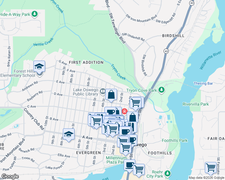 map of restaurants, bars, coffee shops, grocery stores, and more near 311 E Avenue in Lake Oswego