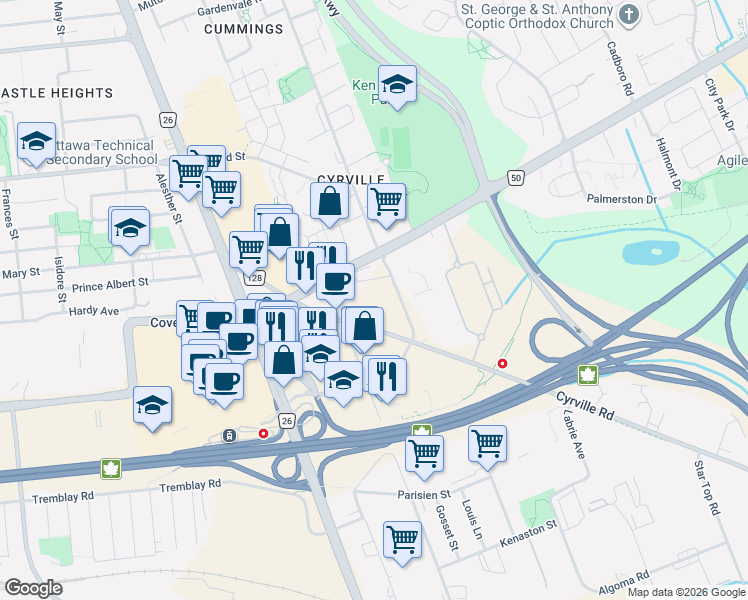 map of restaurants, bars, coffee shops, grocery stores, and more near 1240 Cummings Avenue in Ottawa