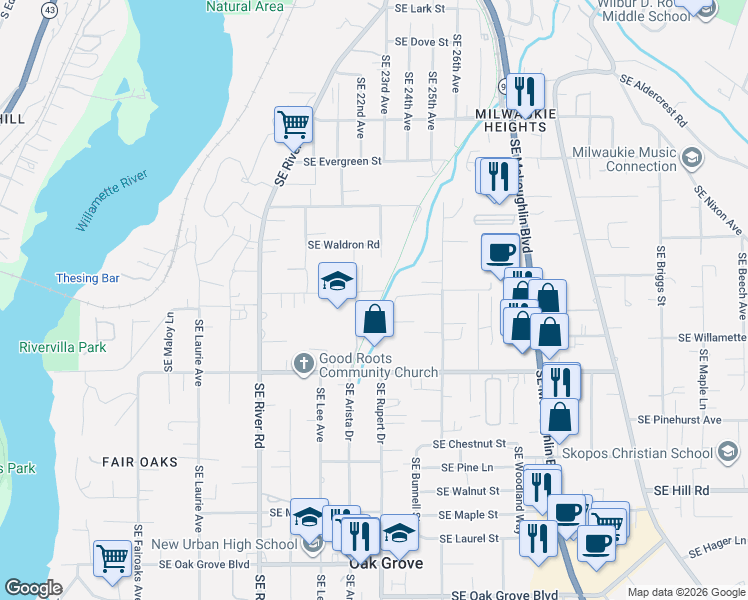 map of restaurants, bars, coffee shops, grocery stores, and more near 2266 Southeast Torbank Road in Milwaukie