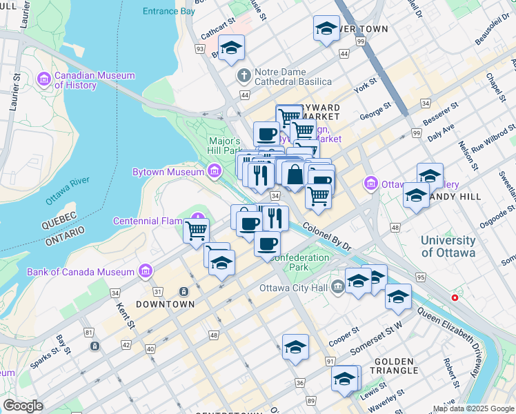 map of restaurants, bars, coffee shops, grocery stores, and more near 1 Rideau Street in Ottawa