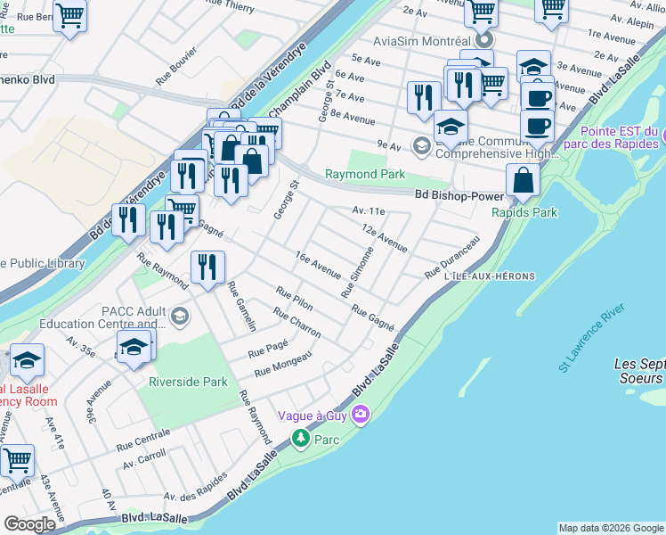 map of restaurants, bars, coffee shops, grocery stores, and more near 601 16e Avenue in Montréal