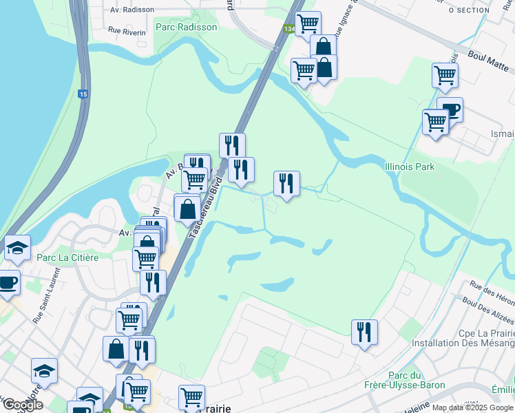 map of restaurants, bars, coffee shops, grocery stores, and more near 300 Avenue du Golf in La Prairie
