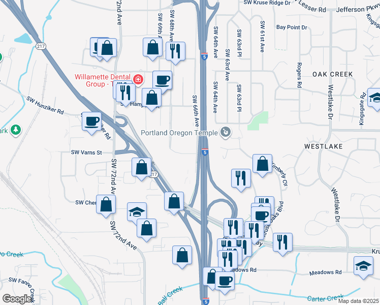 map of restaurants, bars, coffee shops, grocery stores, and more near 13221 Southwest 68th Parkway in Tigard