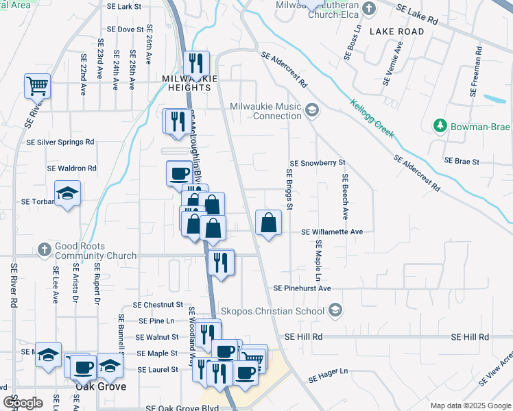 map of restaurants, bars, coffee shops, grocery stores, and more near 13522 Southeast Oatfield Road in Milwaukie