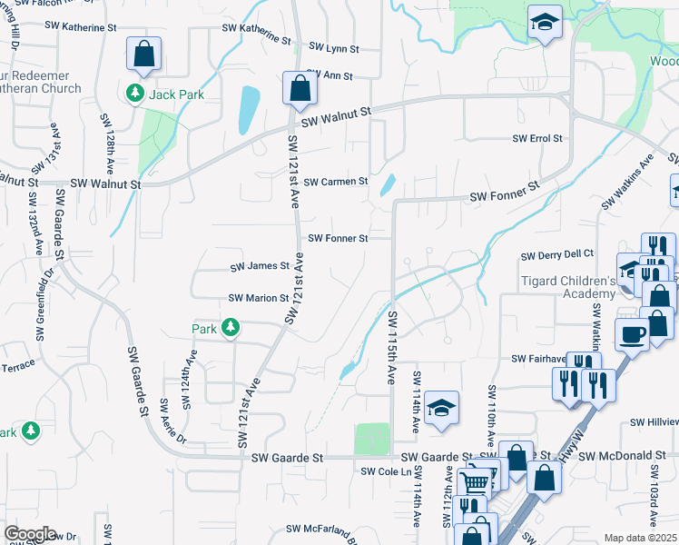 map of restaurants, bars, coffee shops, grocery stores, and more near 11825 Southwest James Court in Tigard